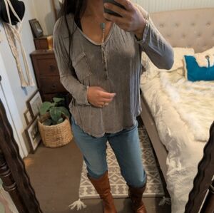 Gray Acid Wash Long Sleeve Top Henley Pocket Women's Shirt Boho
